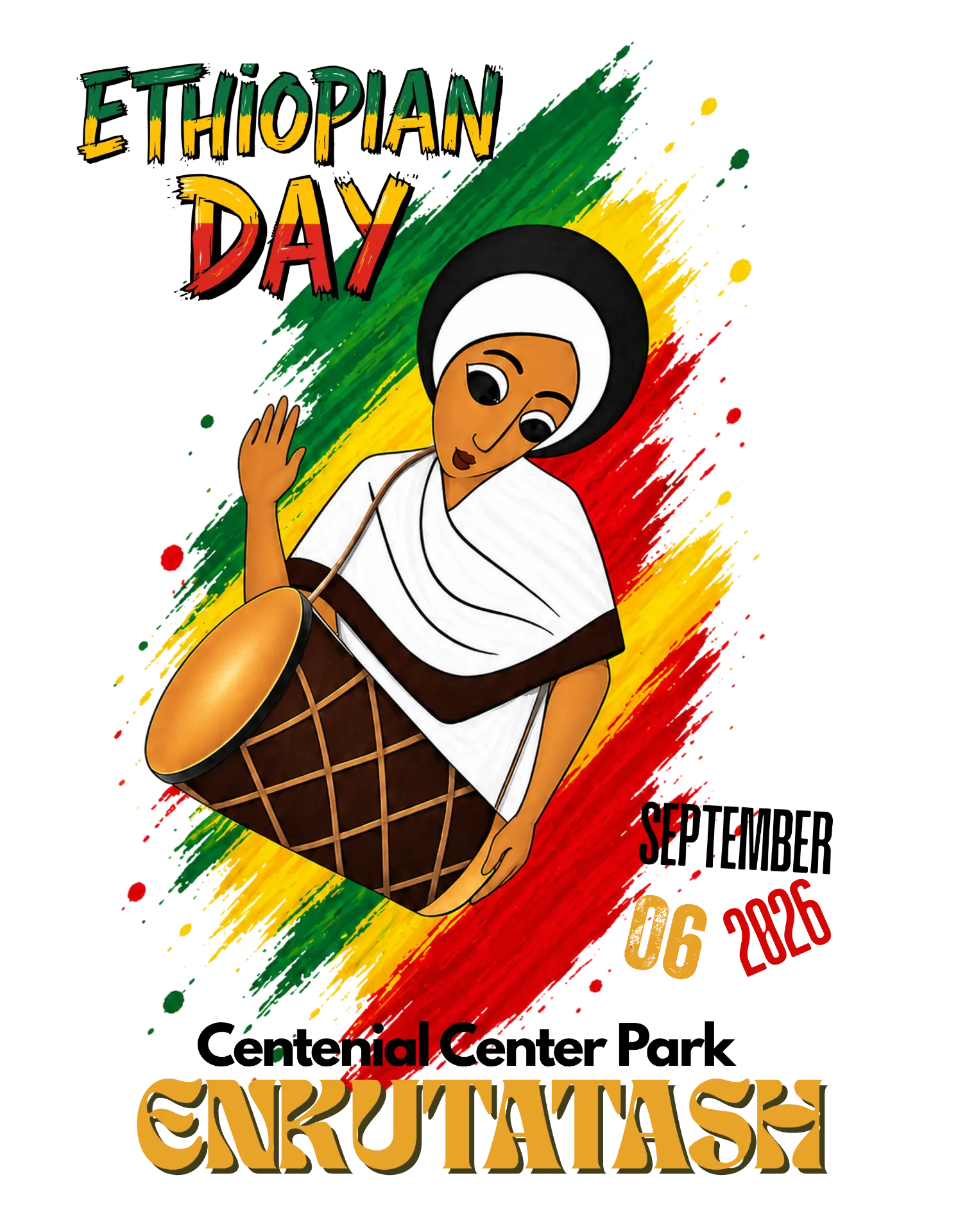 Ethiopian Day Enkutatash 2026 t-shirt design featuring a kebero drummer